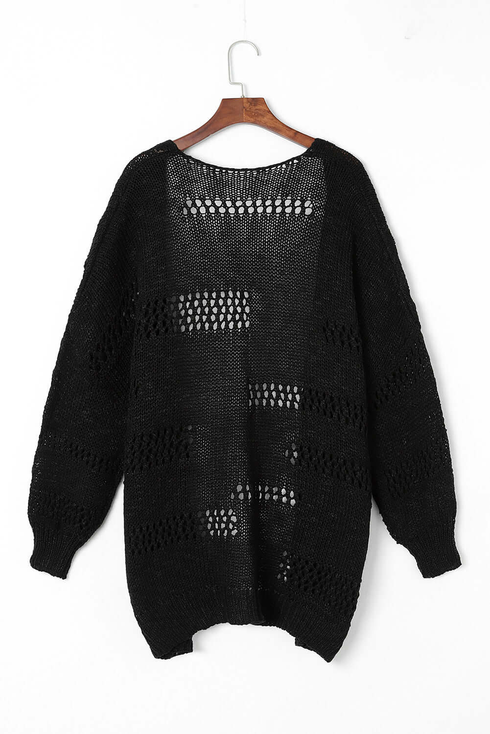 Black open cable-knit cardigan with dolman sleeves, perfect for layering on breezy days.