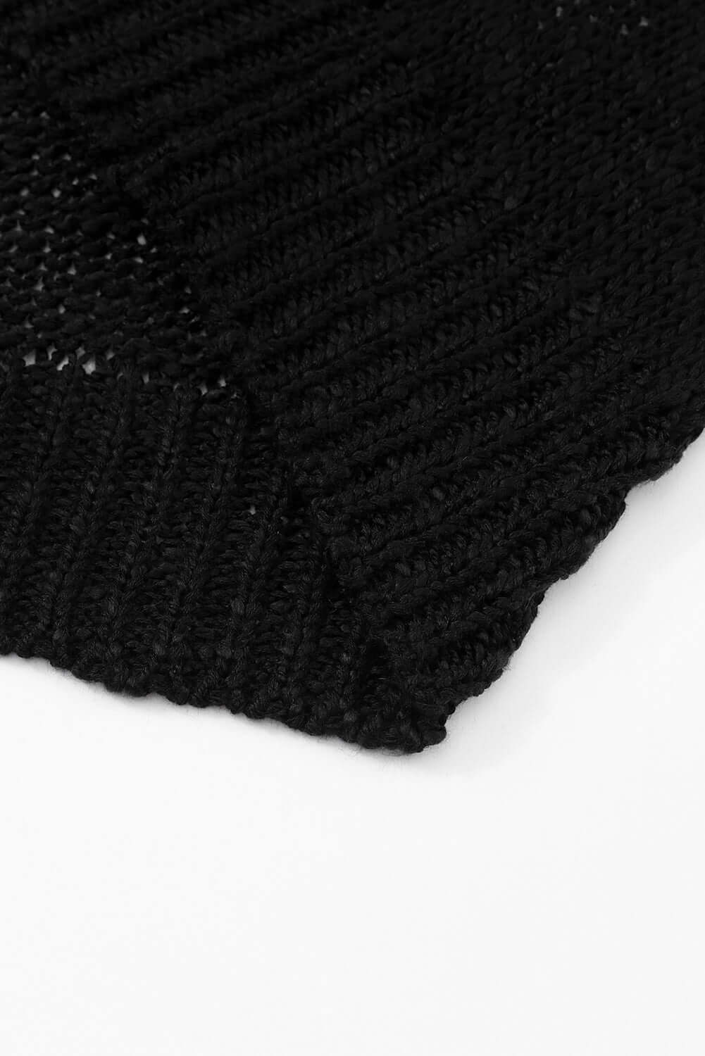 Close-up of the textured black cable-knit of the Blackout Bliss Cardigan, showcasing its lightweight design and relaxed style.
