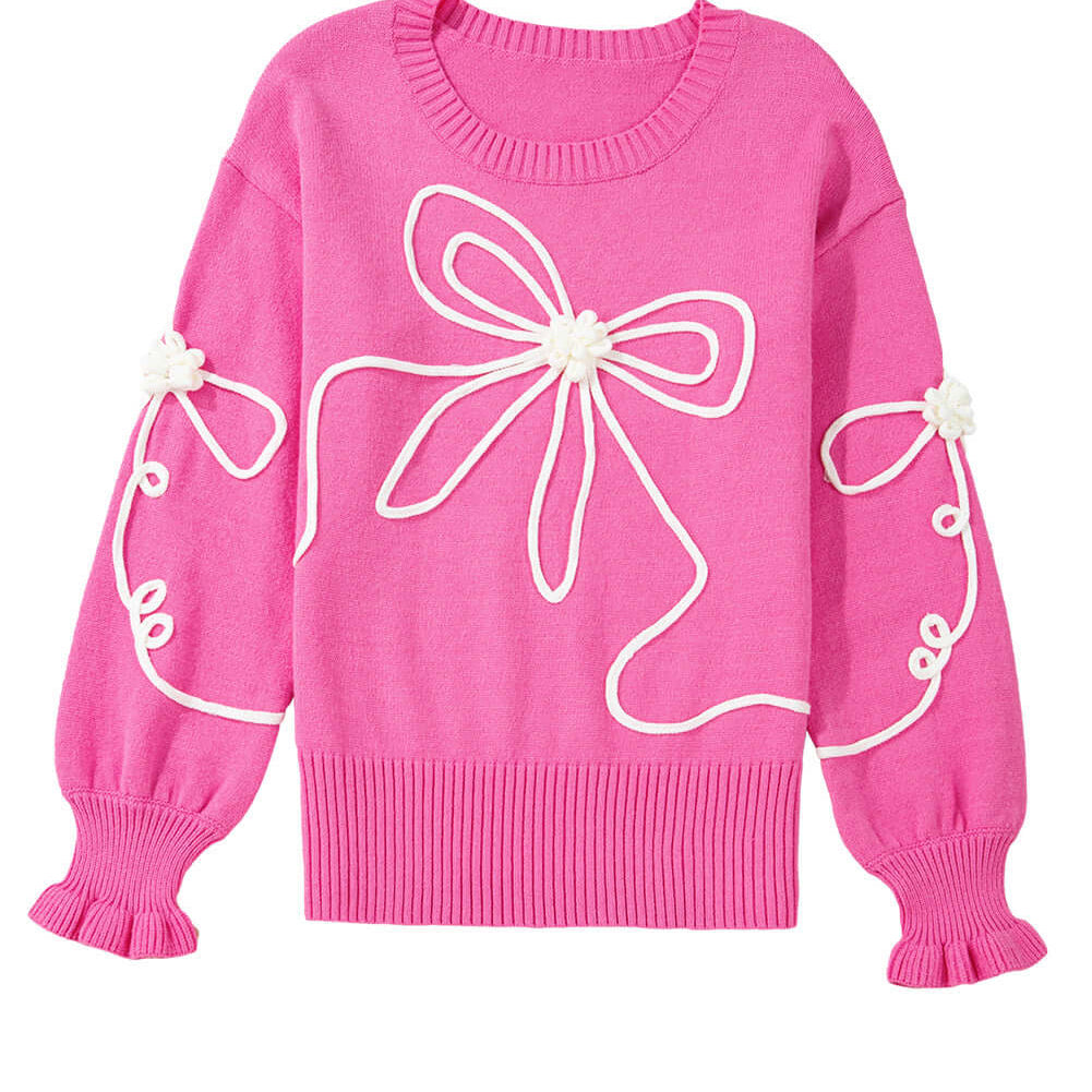 TRIP TO REMEMBER Sweater in pink with corded bow accents and ruffled cuffs for a charming look.