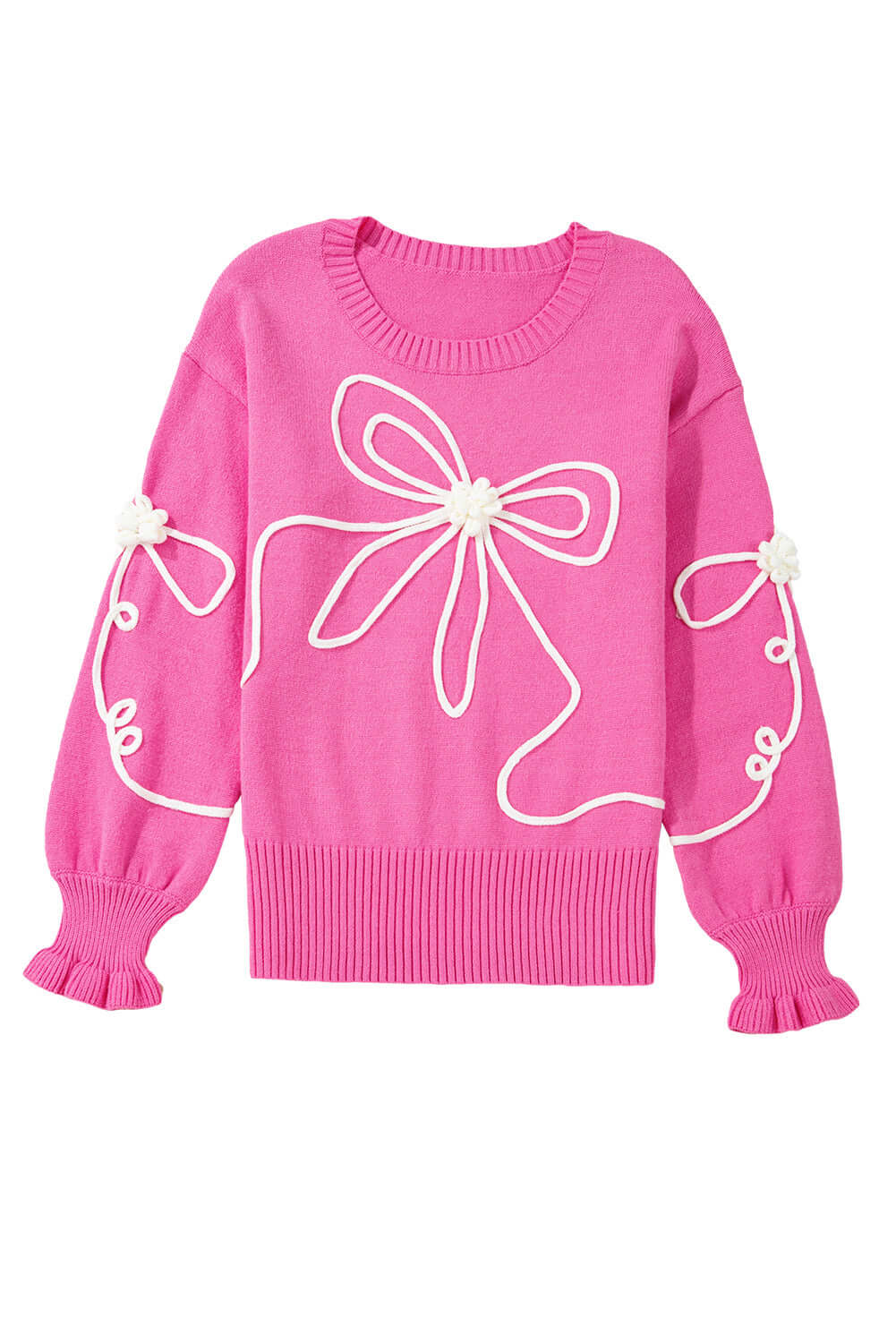 Soft pink sweater with corded bows, dropped shoulders, and ruffled cuffs for trendy comfort.