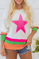 STARSTRUCK SWEATER featuring bold pink star and colorful striped edges, perfect for playful and cozy style.