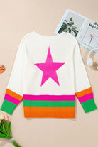 Stylish STARSTRUCK SWEATER with bold pink star and colorblock stripes in vibrant colors on a light background.