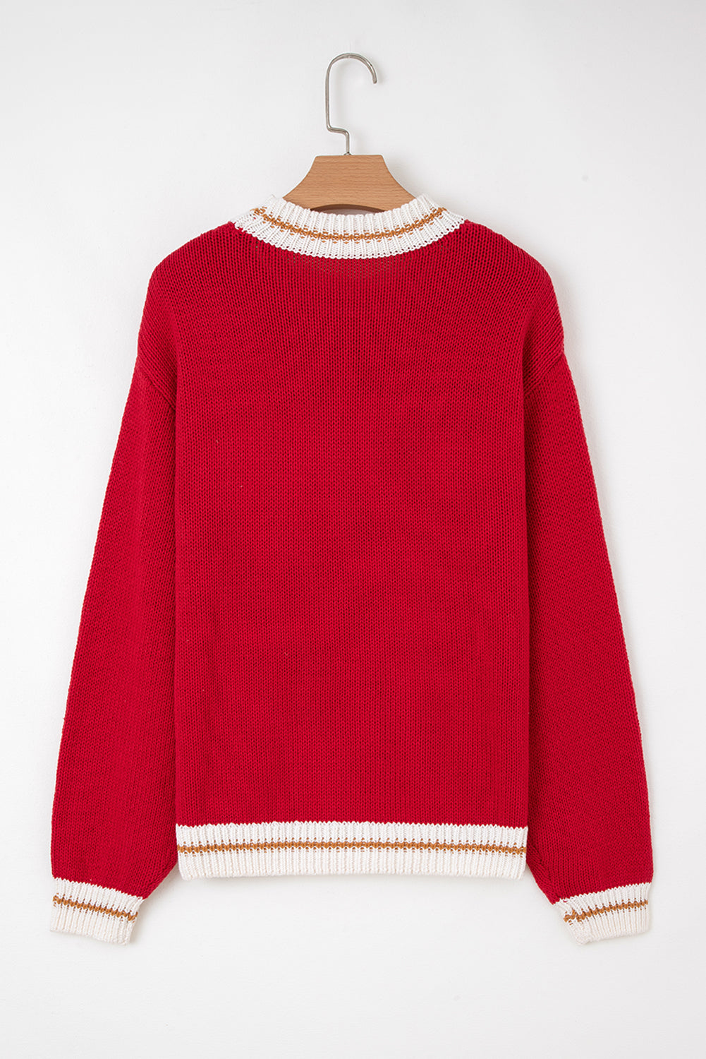 Back view of the MERRY MOMENTS SWEATER in fiery red with color block trim and drop shoulder design.