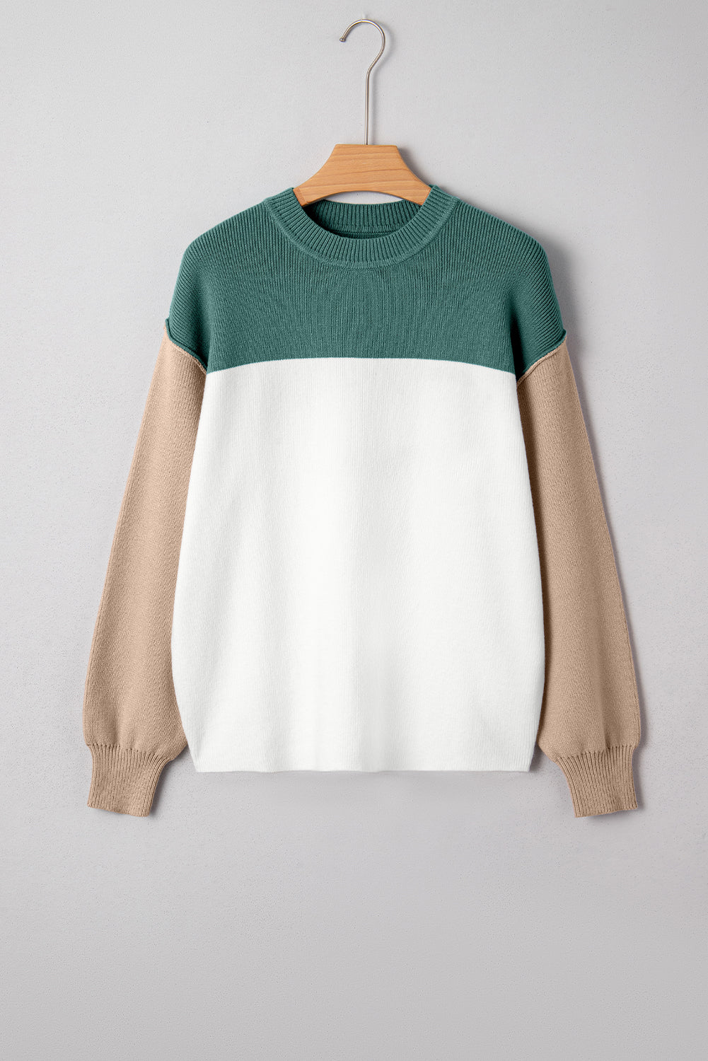 MOUNTAIN AIR SWEATER in Marina Blue, Khaki, and Cream color block design, soft ribbed knit for a cozy, stylish look.