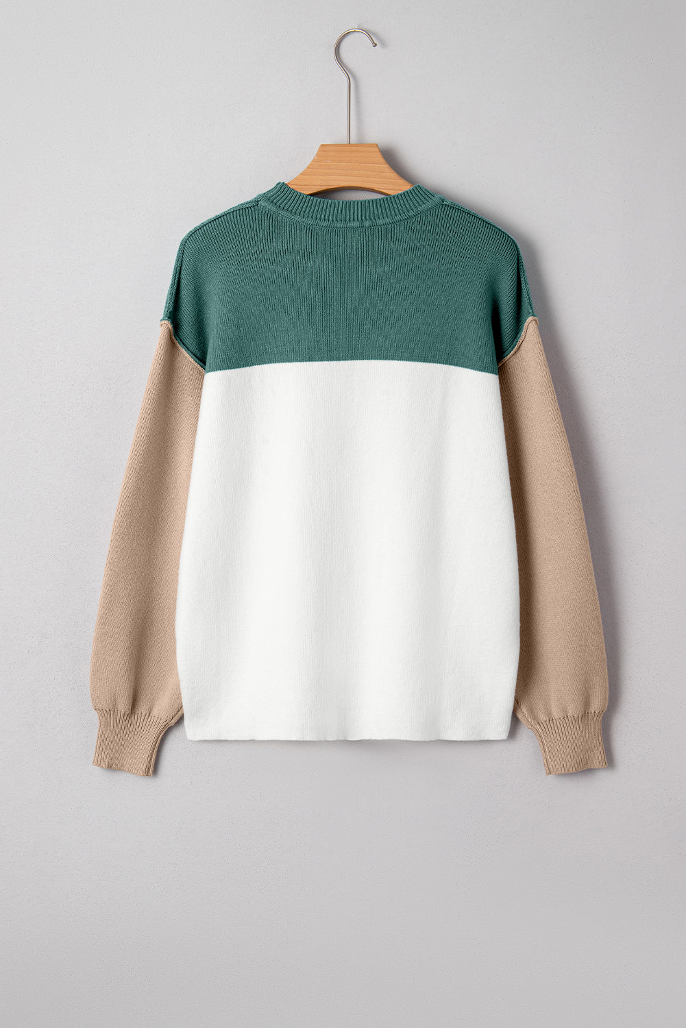Back view of MOUNTAIN AIR SWEATER featuring a color block design in marina blue, cream, and khaki.