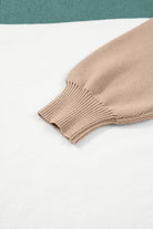 MOUNTAIN AIR SWEATER showcasing a close-up of the ribbed knit sleeve in khaki and color block design.