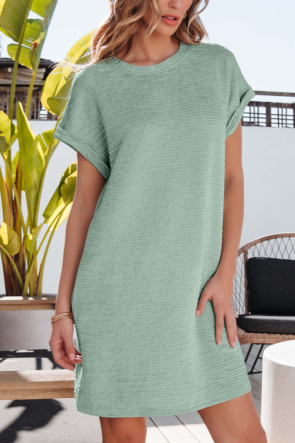 Minted Moment Dress - Sage green crinkle textured short sleeve shift dress perfect for sunny days.