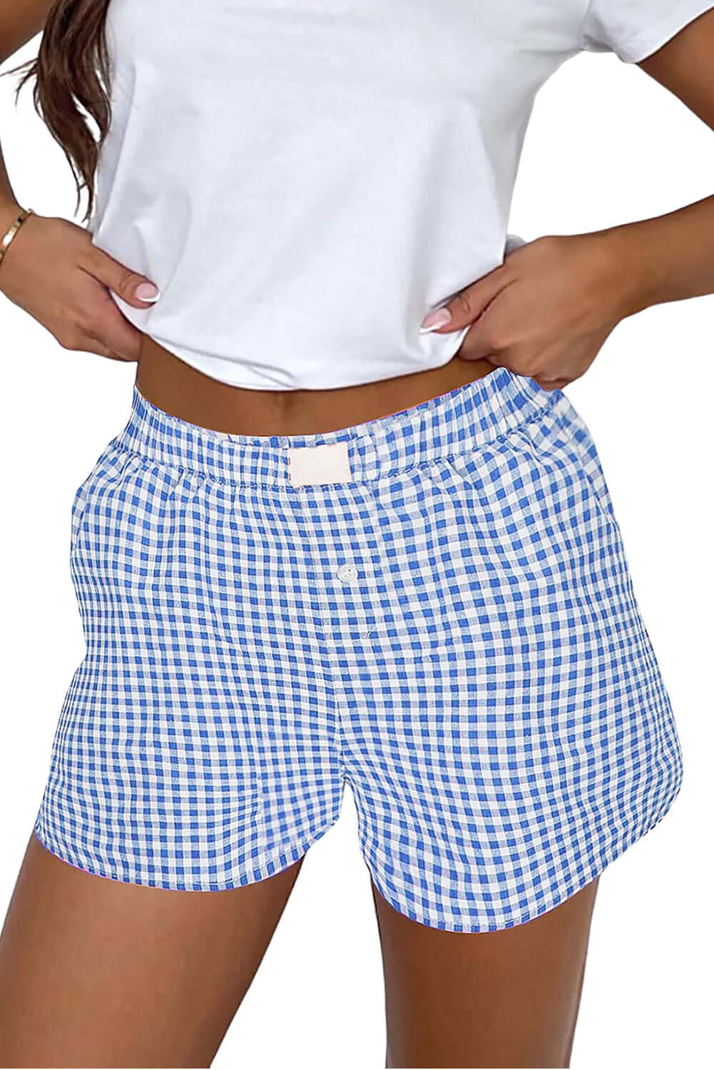 Blue gingham high waist shorts with comfortable elastic waistband for warm weather style.