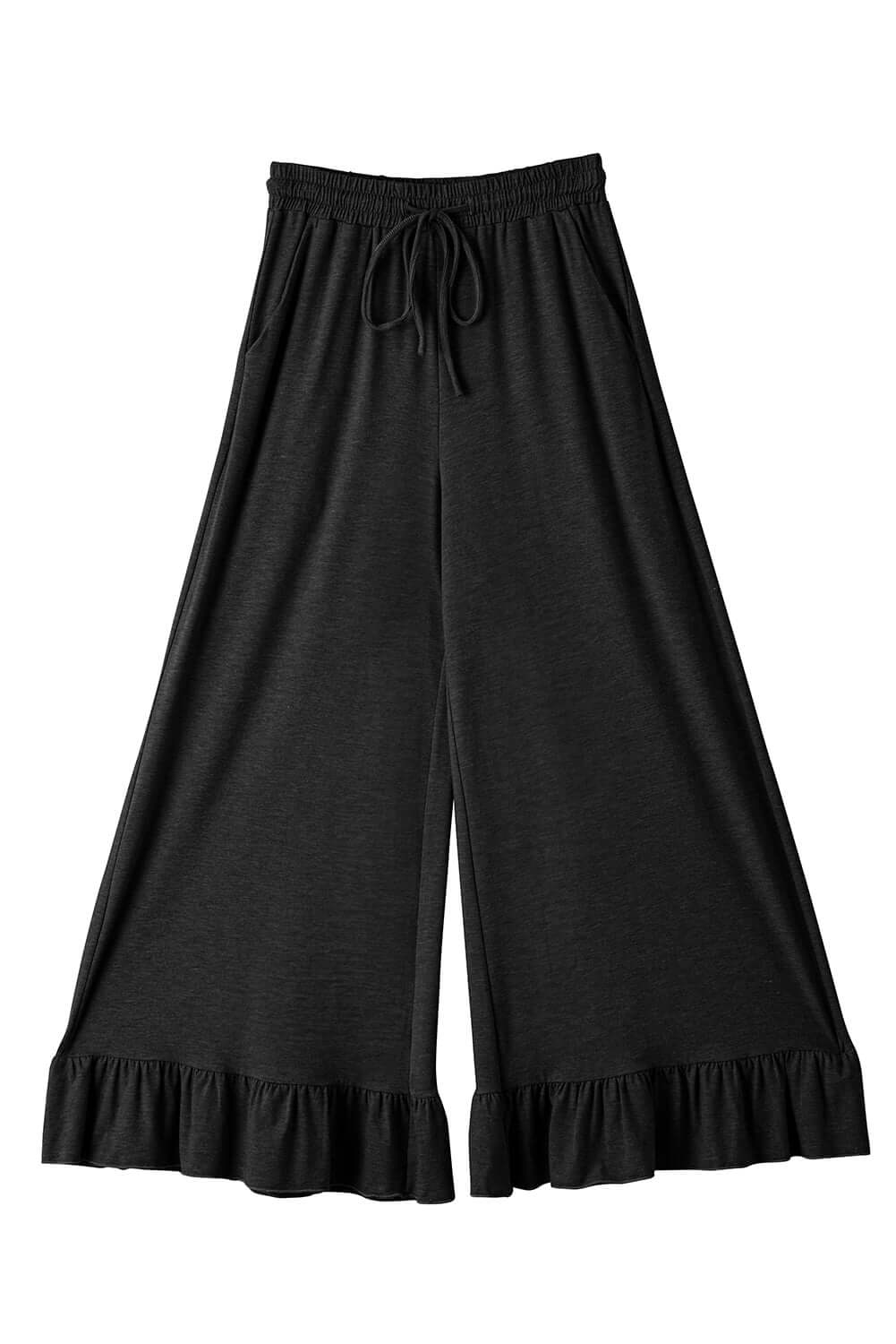 CHARMED COMFORT WIDE LEG PANTS in black with ruffled hem and high waist design for stylish comfort.