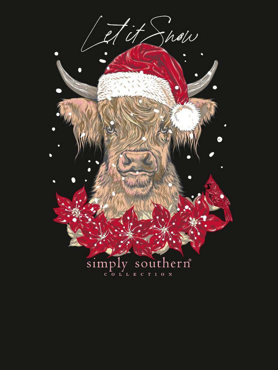 Black long sleeve shirt featuring a highland cow in a Santa hat and poinsettia wreath with 'Let it Snow' text.