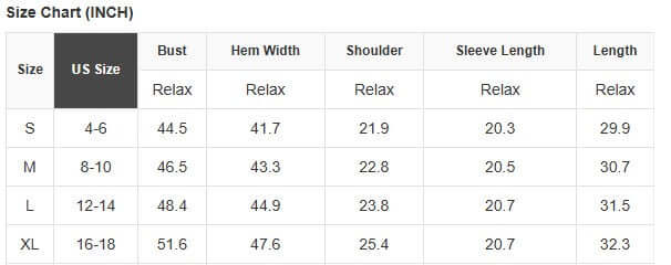 Size chart for LOVE OF THE GAME CORDED CREW showing measurements for S, M, L, and XL.