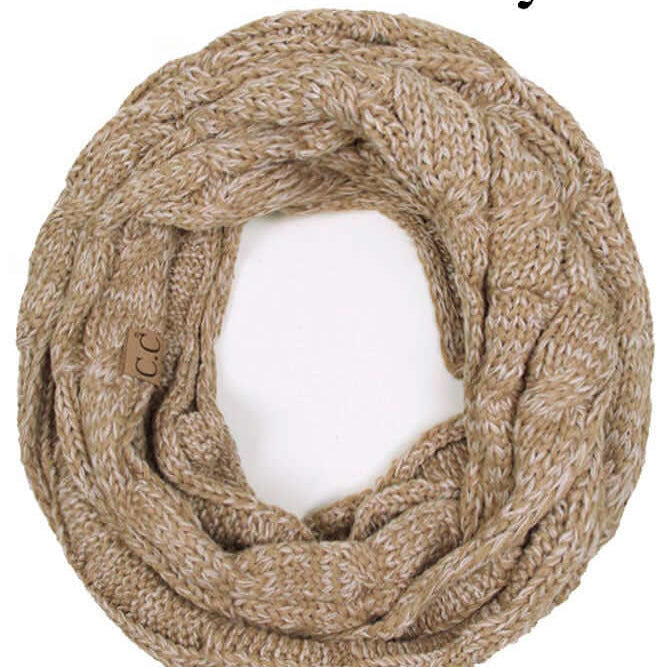 C.C Fable Infinity Scarf in Milk & Honey color, cozy two-tone cable knit design for stylish warmth.