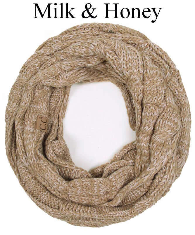 C.C Fable Infinity Scarf in Milk & Honey color, cozy two-tone cable knit design for stylish warmth.