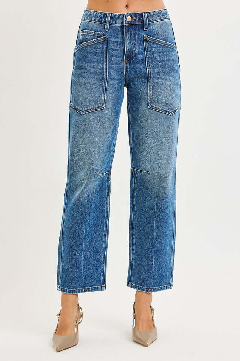 ELLAA-KATE BARREL JEANS by Risen showcasing a mid-rise wide barrel leg with stylish patch pockets.