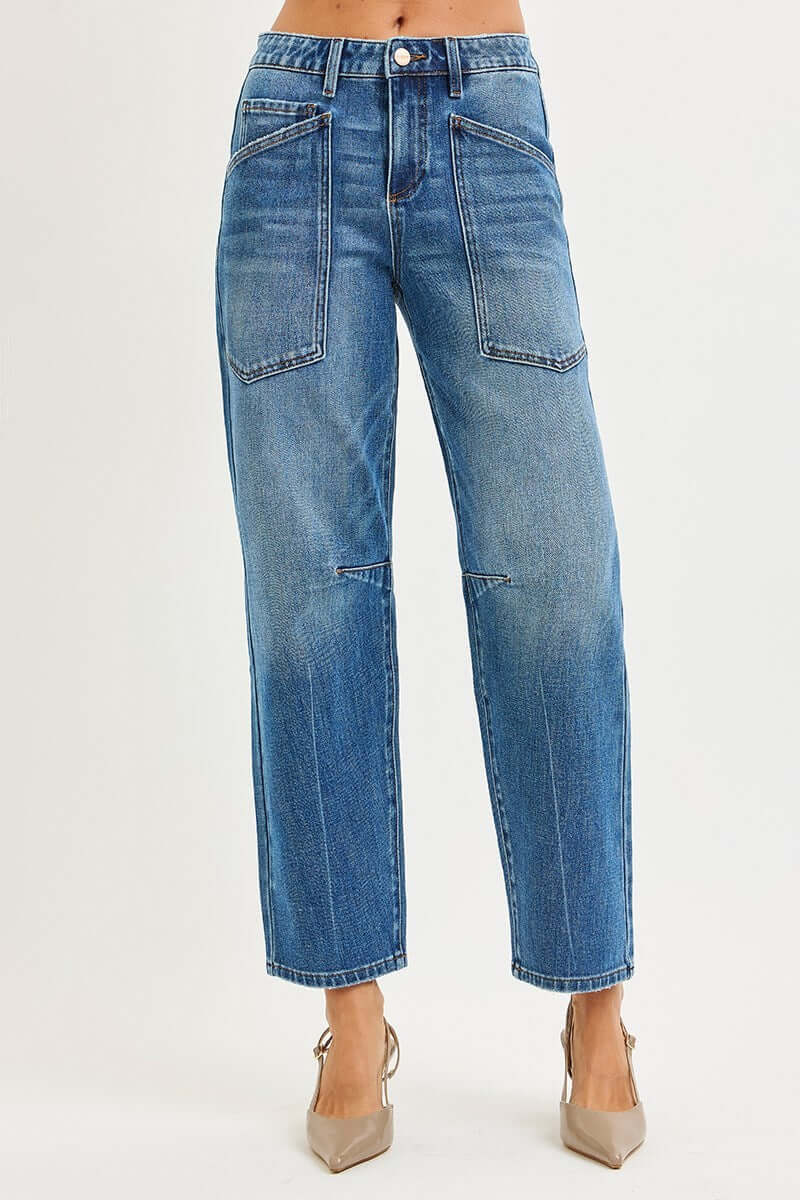 Model wearing ELLA-KATE BARREL JEANS by Risen, featuring mid-rise, wide barrel leg, and stylish patch pockets.