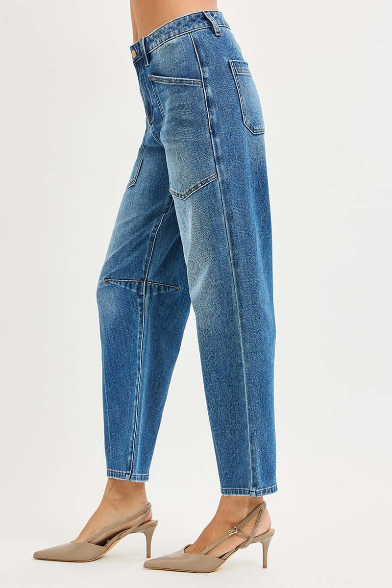 Model showcasing ELLA-KATE BARREL JEANS by Risen featuring mid-rise fit and wide barrel leg silhouette.