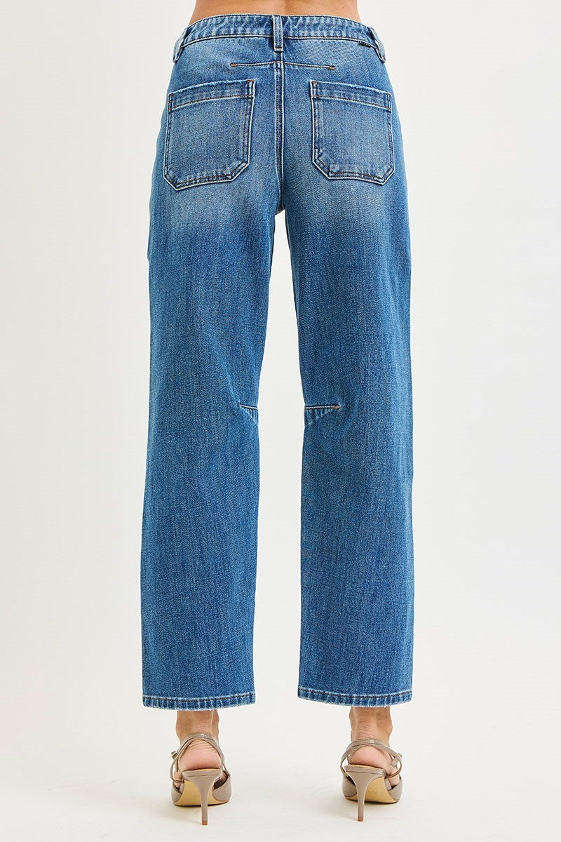 Back view of ELLA-KATE BARREL JEANS by Risen showcasing mid-rise wide barrel leg and patch pockets.