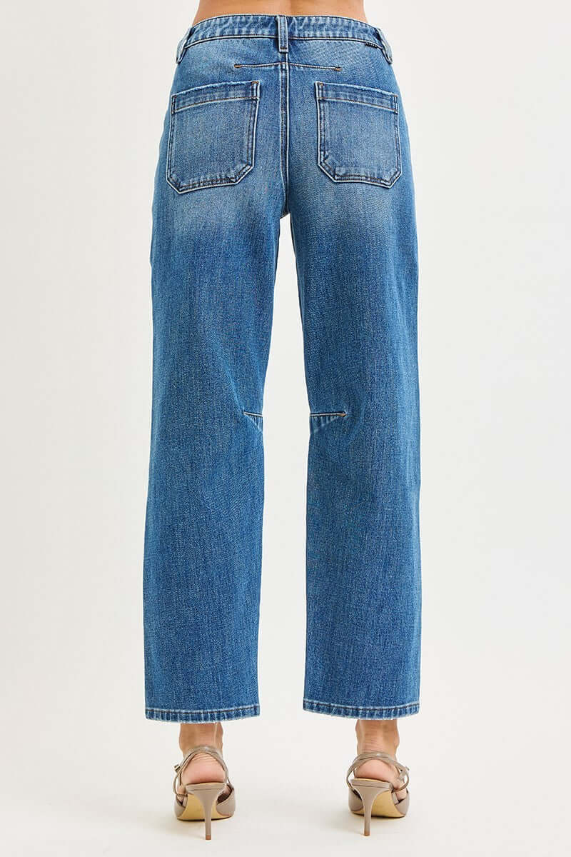 Back view of ELLA-KATE BARREL JEANS by Risen with patch pockets and wide barrel leg silhouette.