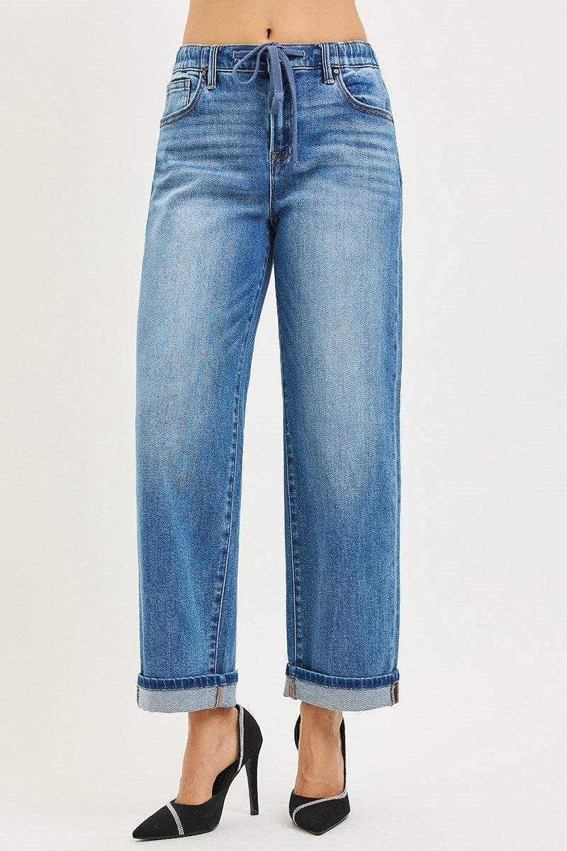 DARCY JEANS by Risen - Relaxed fit, wide leg boyfriend jeans with cuffed hem and elastic waistband.
