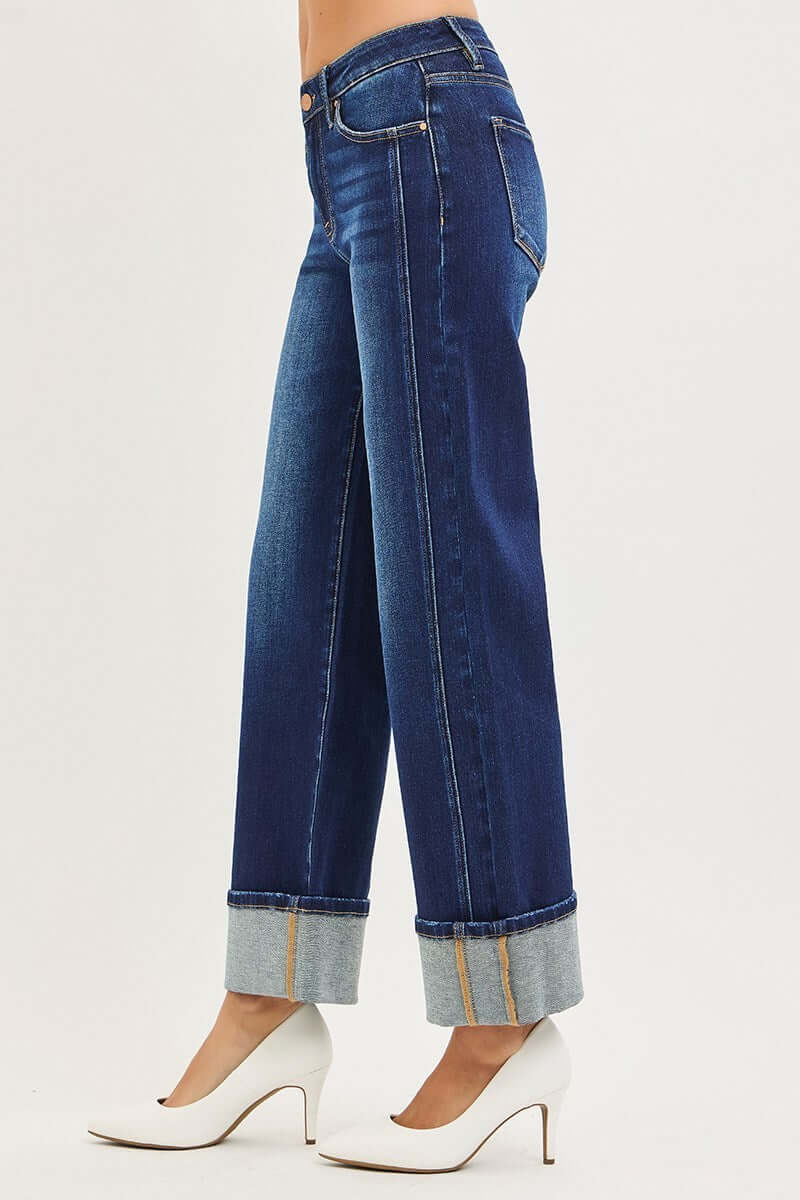 CHARLEIGH JEANS by Risen shown in mid-rise dark wash, cuffed wide-leg style perfect for effortless everyday fashion.