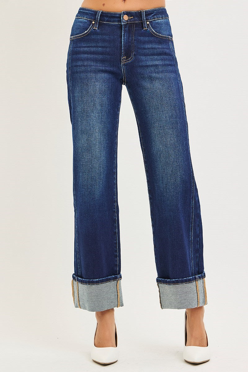 CHARLEIGH JEANS by Risen in dark wash, featuring a cuffed wide-leg style for relaxed, trendy fashion.