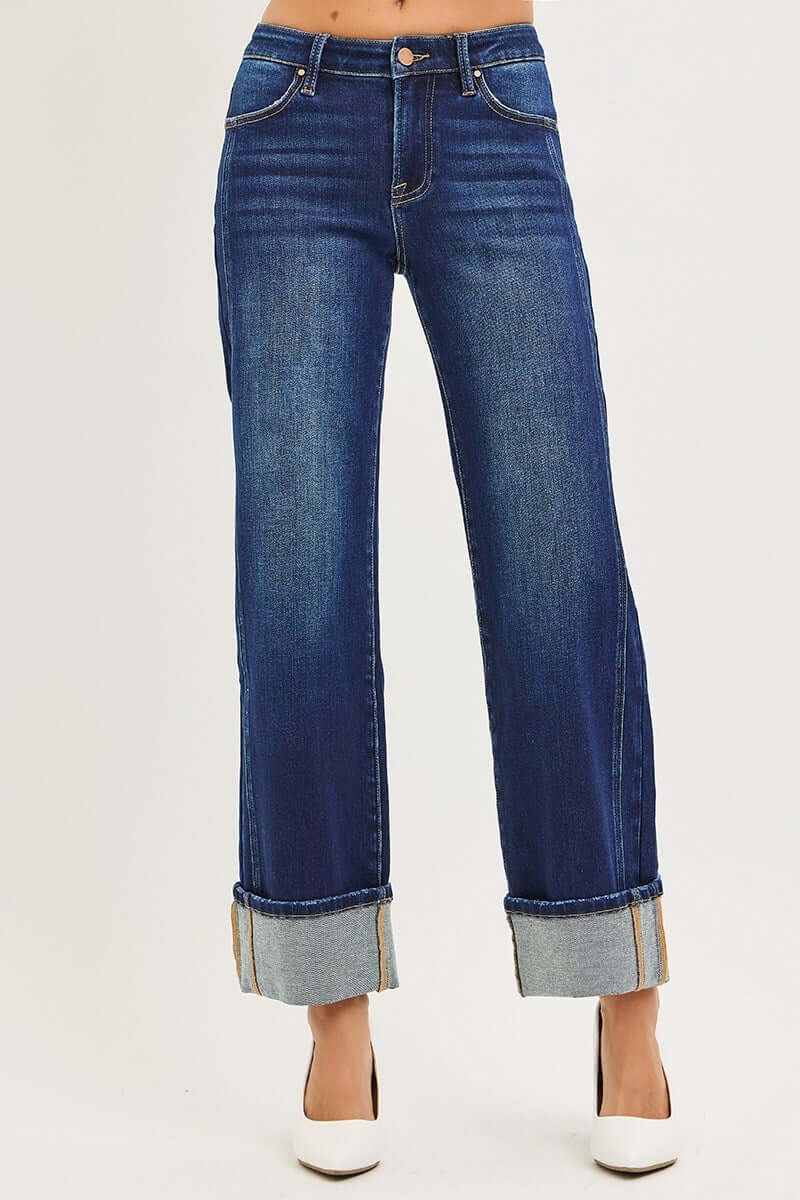 CHARLEIGH JEANS by Risen in dark wash, featuring wide leg silhouette and cuffed hem for effortless style.