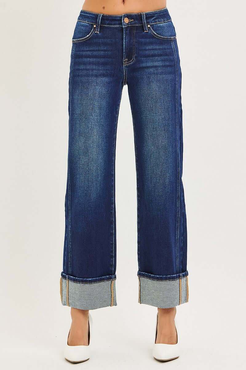 CHARLEIGH JEANS by Risen, mid-rise dark wash cuffed wide leg jeans, stylish and comfortable fashion choice.