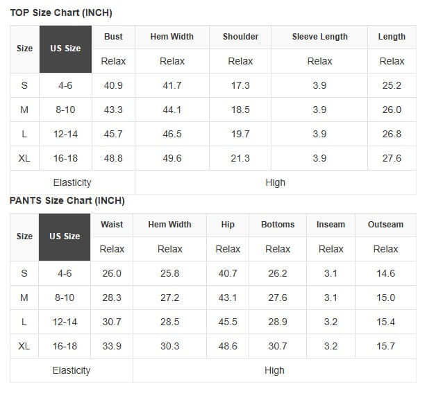 ON THE DOT SHORTS SET size chart for tops and pants including measurements in inches for each size.