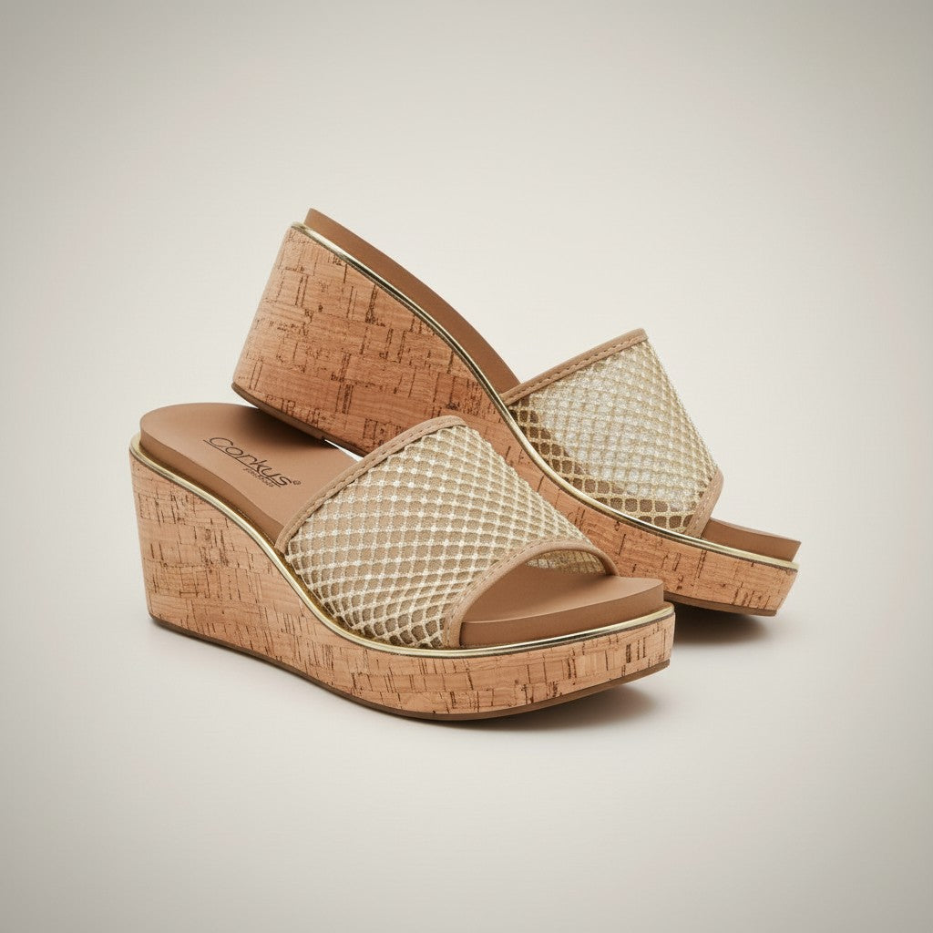 LETS MESH AROUND - CORKYS stylish wedge sandals featuring shimmering metallic mesh and comfortable cork base.