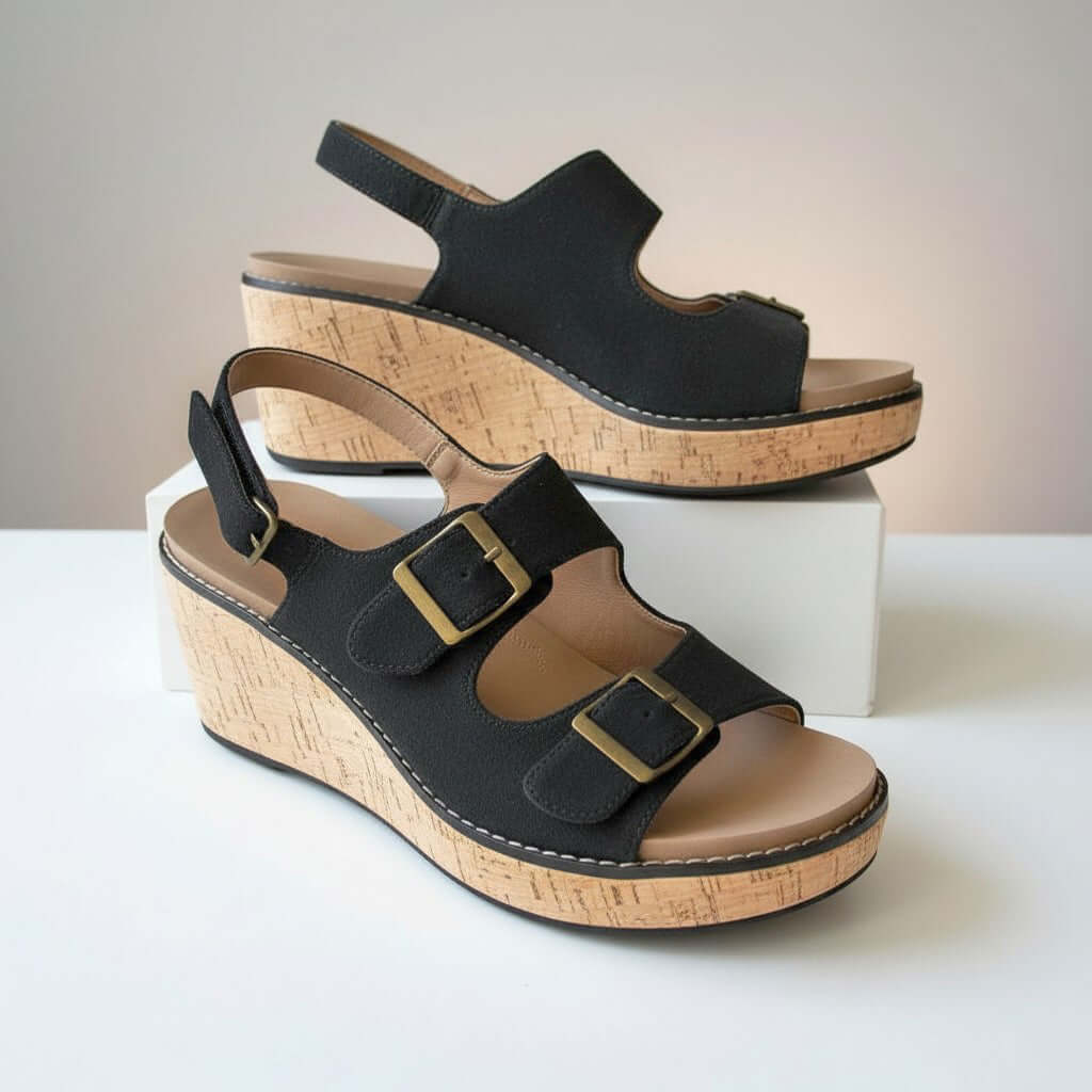 CORKYS MY 2 CENTS WEDGE (blk) featuring black faux suede, adjustable buckles, and cork wedge sole for comfort.