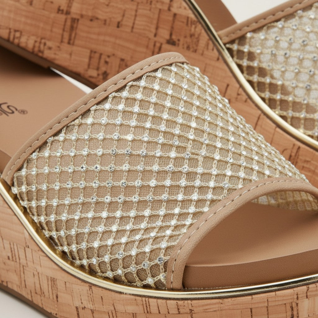 LETS MESH AROUND - CORKYS textured metallic wedge sandals with shimmer and rhinestone sparkle.