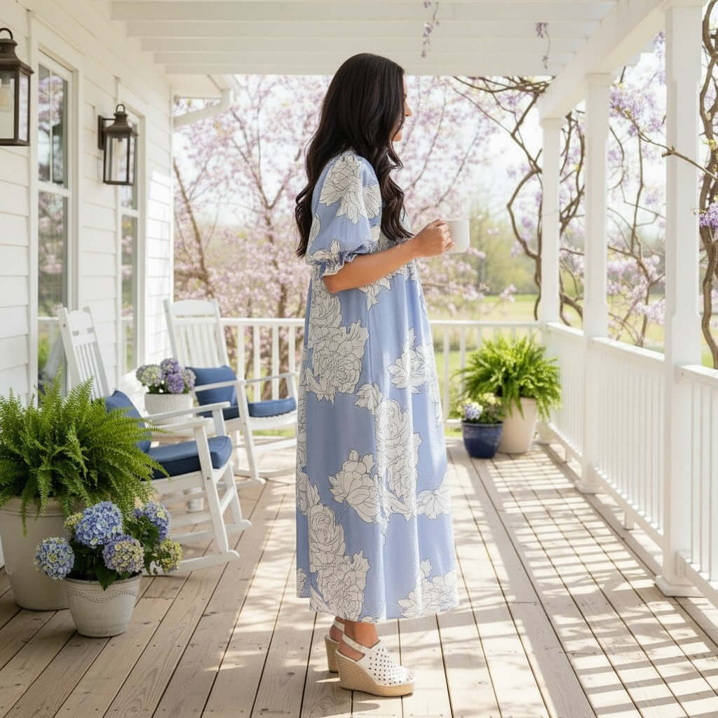 JUST BREATHE MAXI DRESS (misty blue) - Gigio worn by a woman on a porch with blooming flowers.