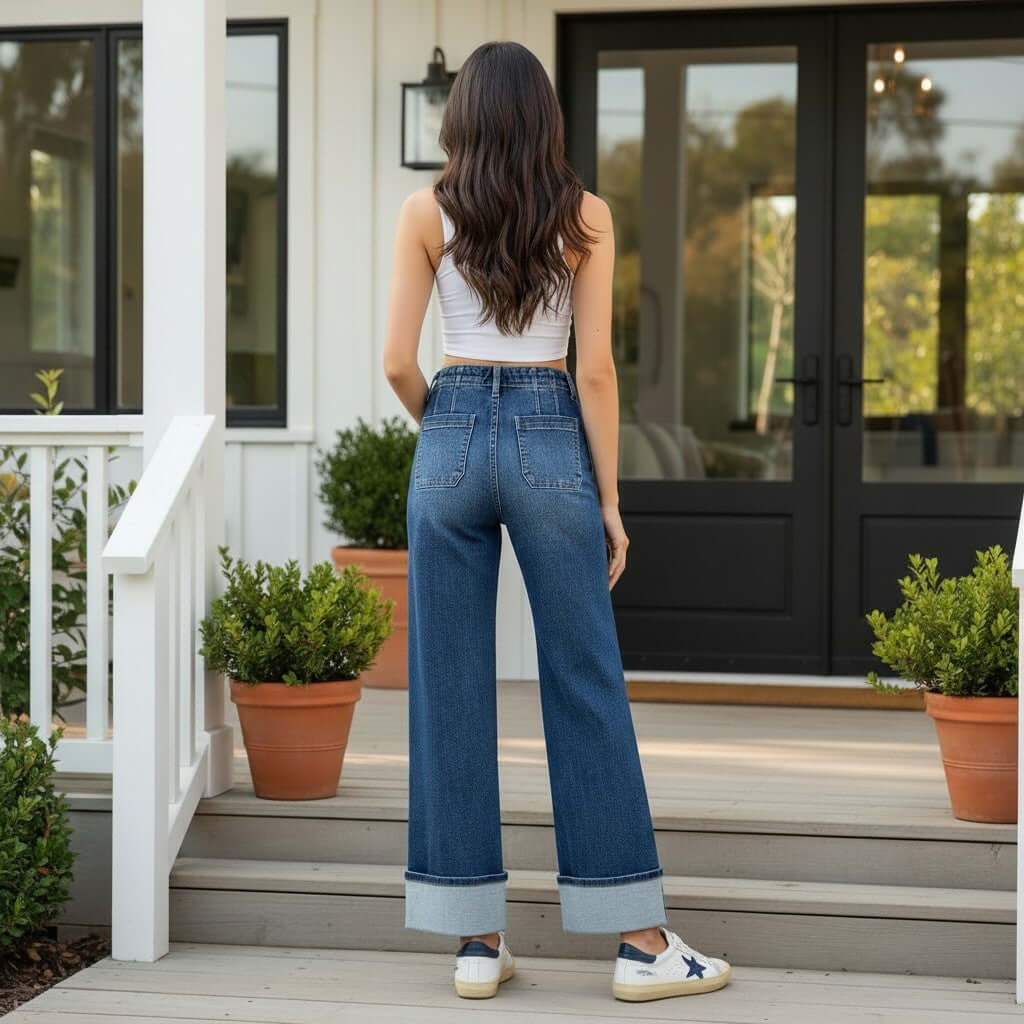 Woman wearing RISEN - KORIE BUTTON FLY JEANS (DK wash) standing on porch, showcasing wide-leg fit and cuffed hem.