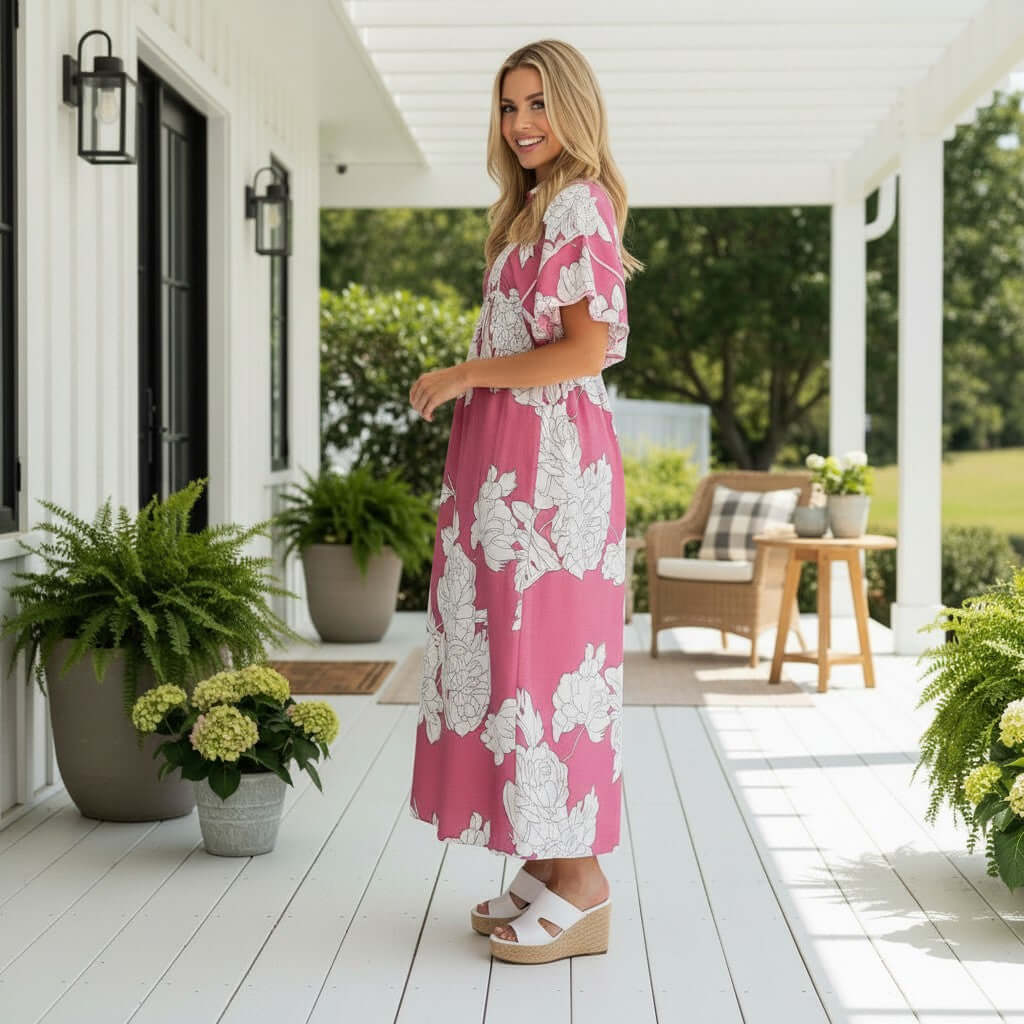 Model wearing JUST BREATHE MAXI DRESS (pink) - Gigio on a porch, showcasing its floral print and flowing design.