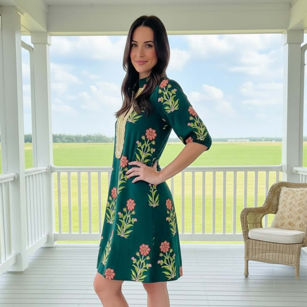 Model showcasing the RADIATE CONFIDENCE DRESS with floral print, relaxing on a porch.