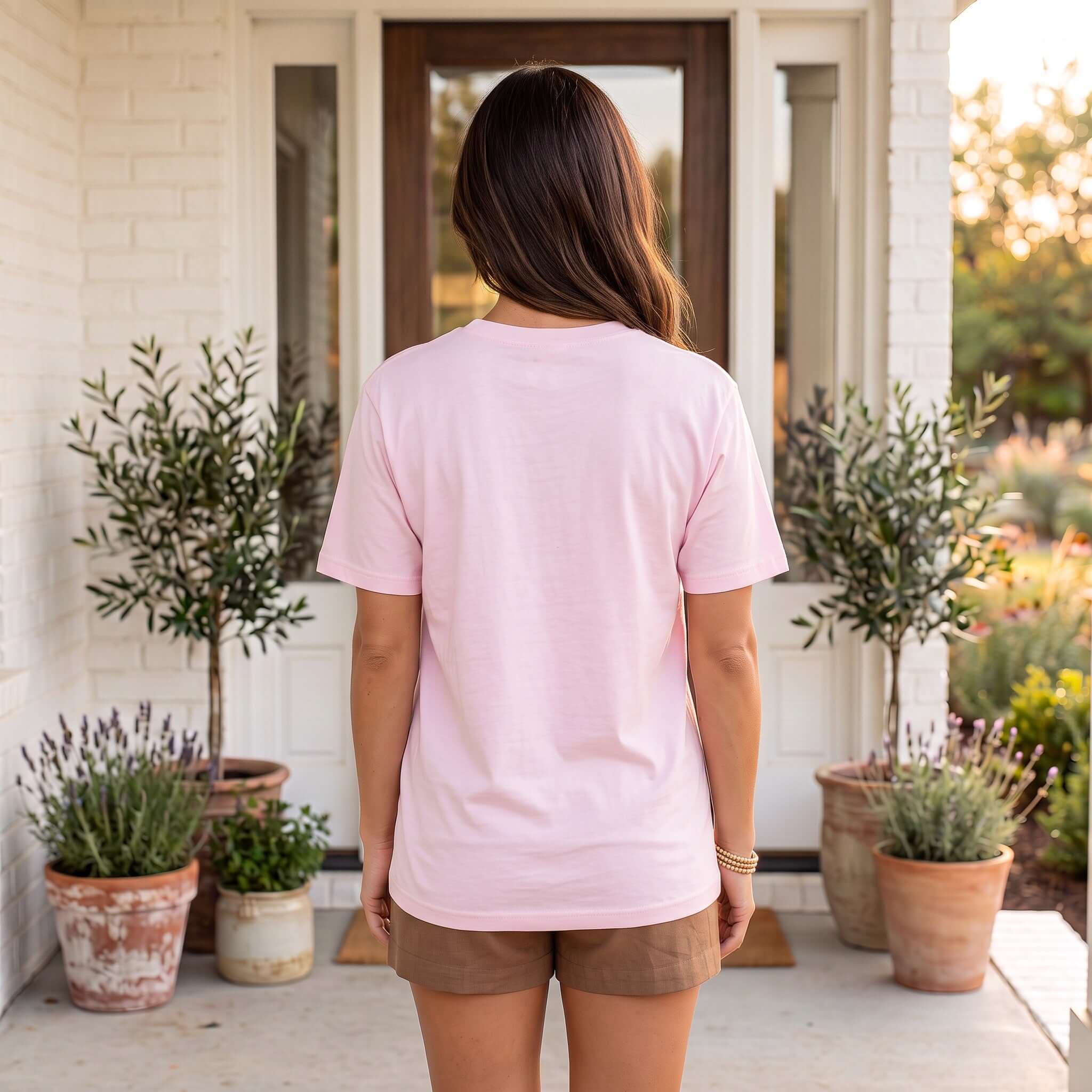 LULU MAC - Leopard/Pink Tee, model wearing pink tee back view, stylish and comfortable fashion.