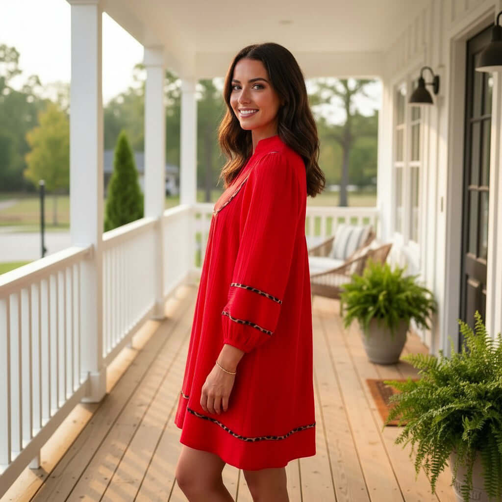 Red Hot Confidence Dress showcased on model, featuring pockets and a vibrant red hue, perfect for stylish everyday wear.