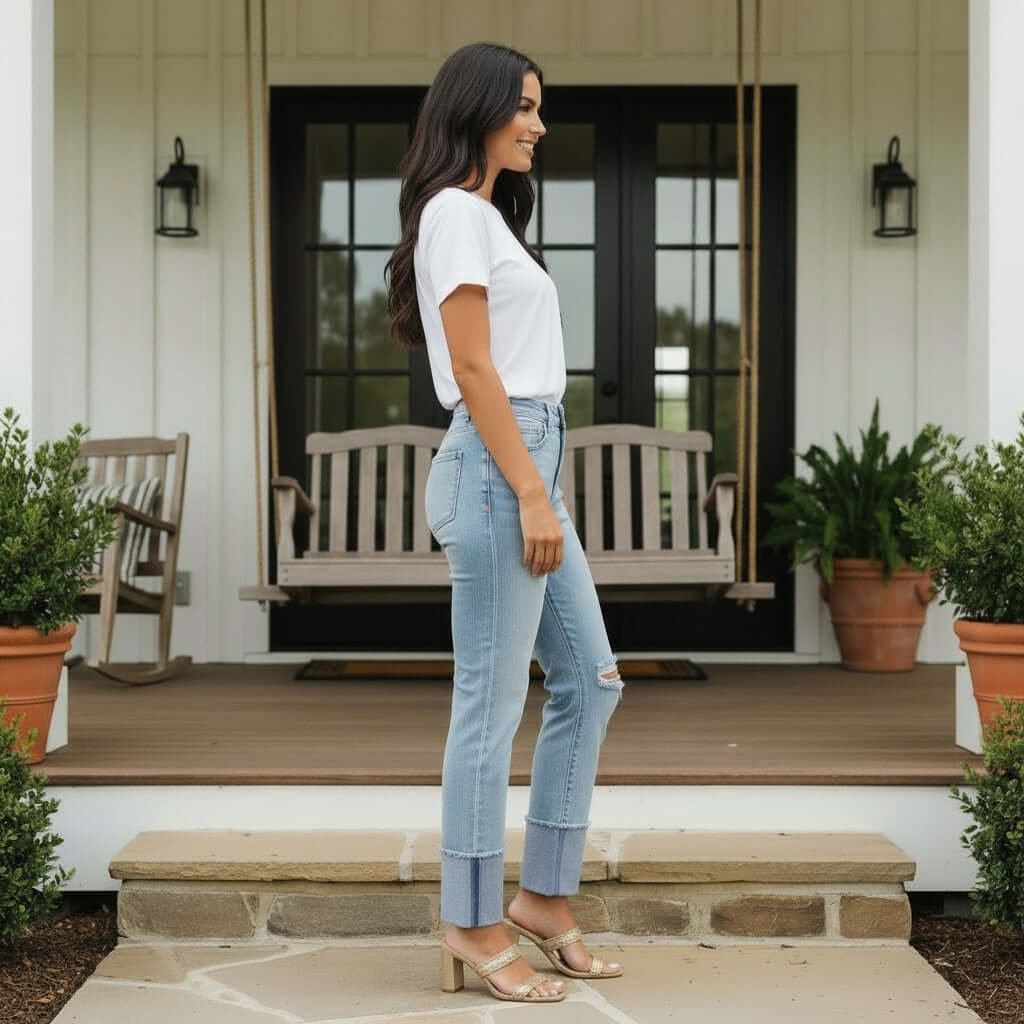 Model wearing RISEN VANESSA JEANS, showcasing high rise fit and wide cuffs for a stylish look.