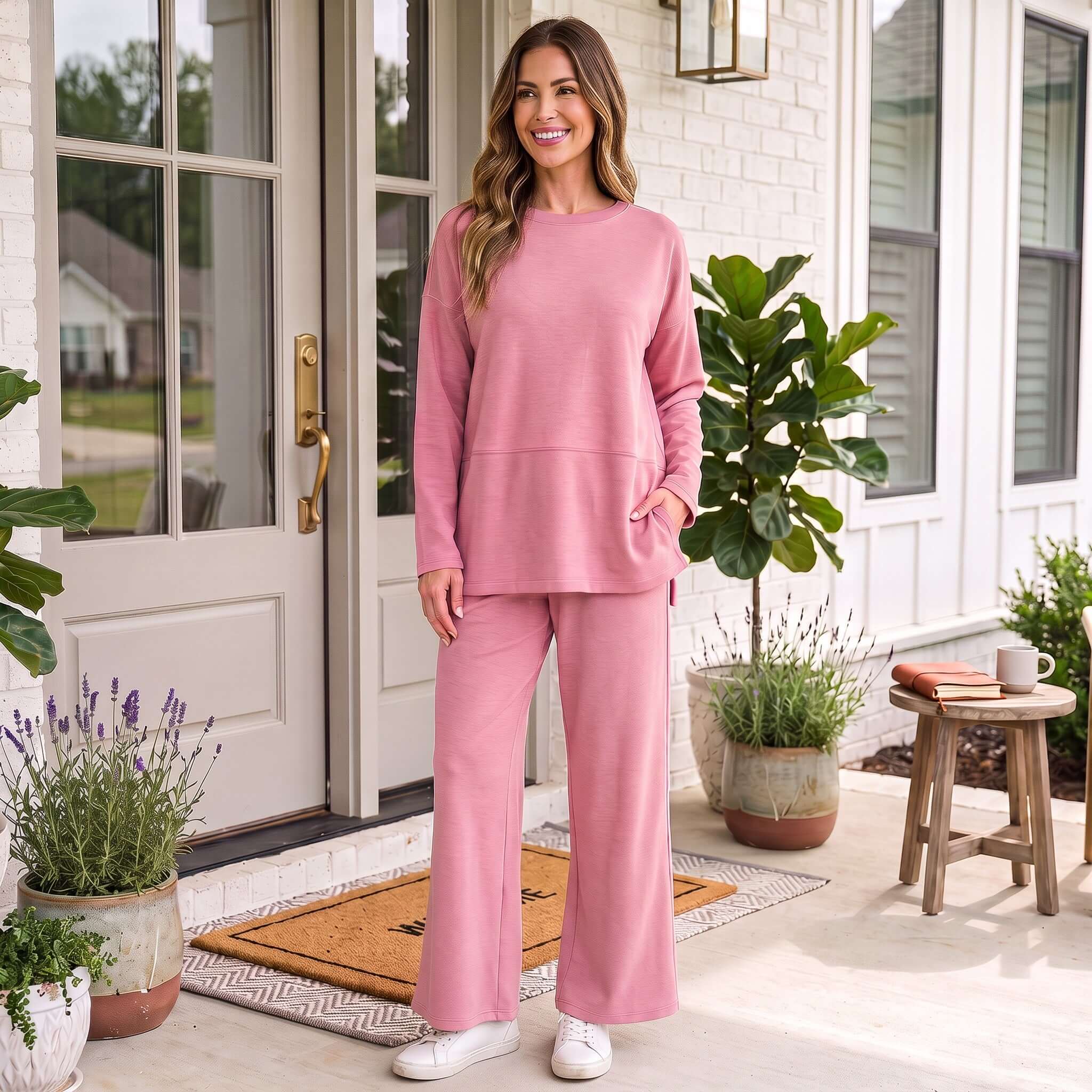 Model wearing the FEELS LIKE FOREVER SET in Winter Rose, showcasing a comfy, stylish two-piece lounge set.