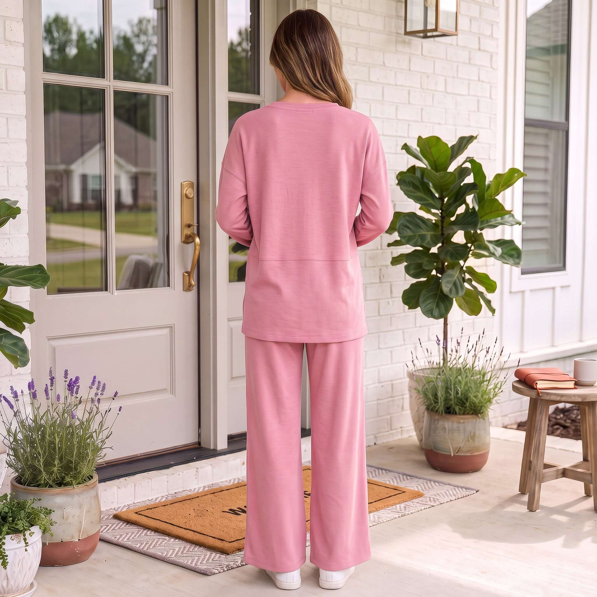 Woman wearing the FEELS LIKE FOREVER SET in Winter Rose, standing outdoors with greenery and a cozy entrance.