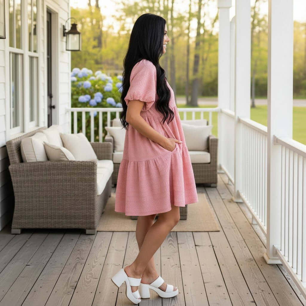 A woman in a soft pink SWEET MOOD DRESS - Gigio, standing on a porch with relaxed style and all-day comfort.