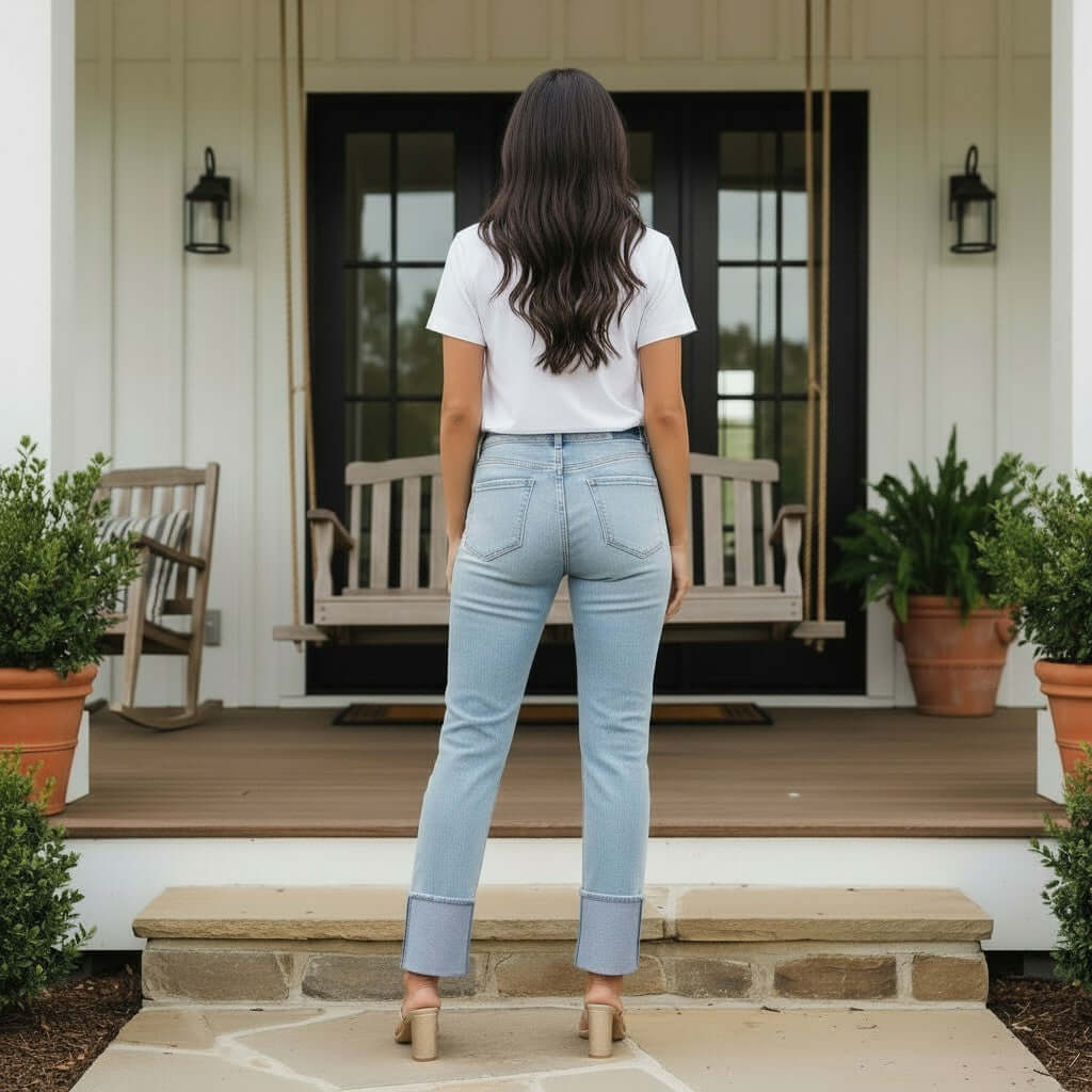 Person wearing RISEN VANESSA JEANS, showcasing high rise and wide cuff design, in a stylish outdoor setting.