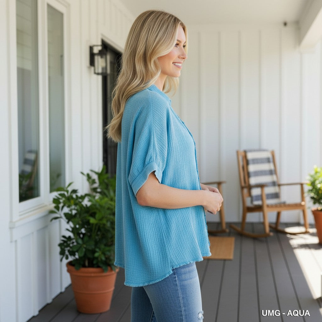 CALMING COAST TOP - Umgee in aqua, featuring a relaxed silhouette and soft cotton gauze, perfect for everyday wear.