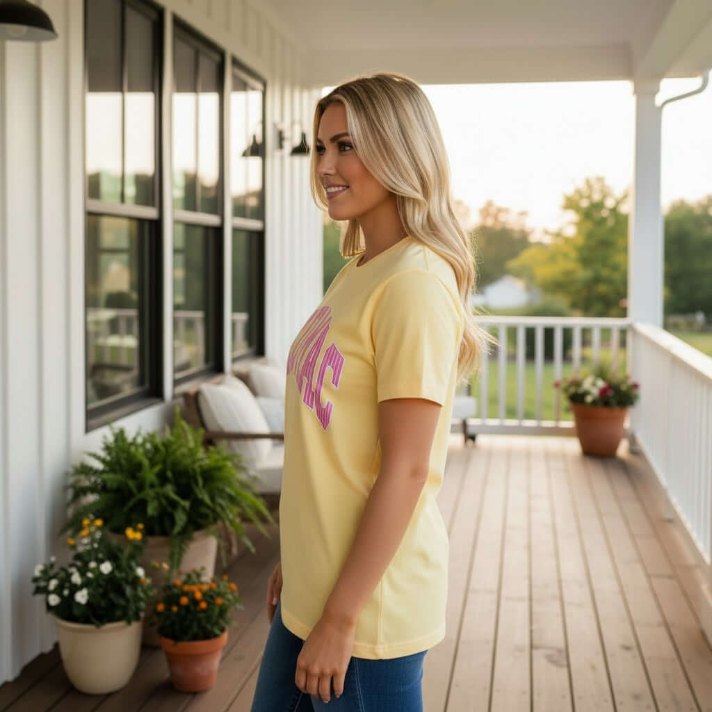 LULU MAC BUTTER & PINK STRIPES COMFORT COLOR TEE worn by a smiling woman on a porch with greenery.