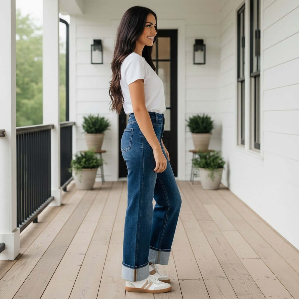 Model wearing RISEN - KORIE BUTTON FLY JEANS (DK wash) with cuffed hem and white tee, showcasing a stylish look on a porch.