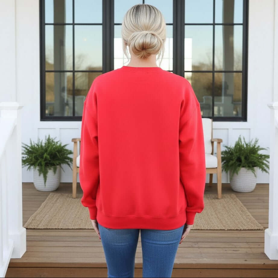 LULU MAC RED W/PINK GINGHAM CREWNECK sweatshirt back view, featuring cozy red fabric and casual style.
