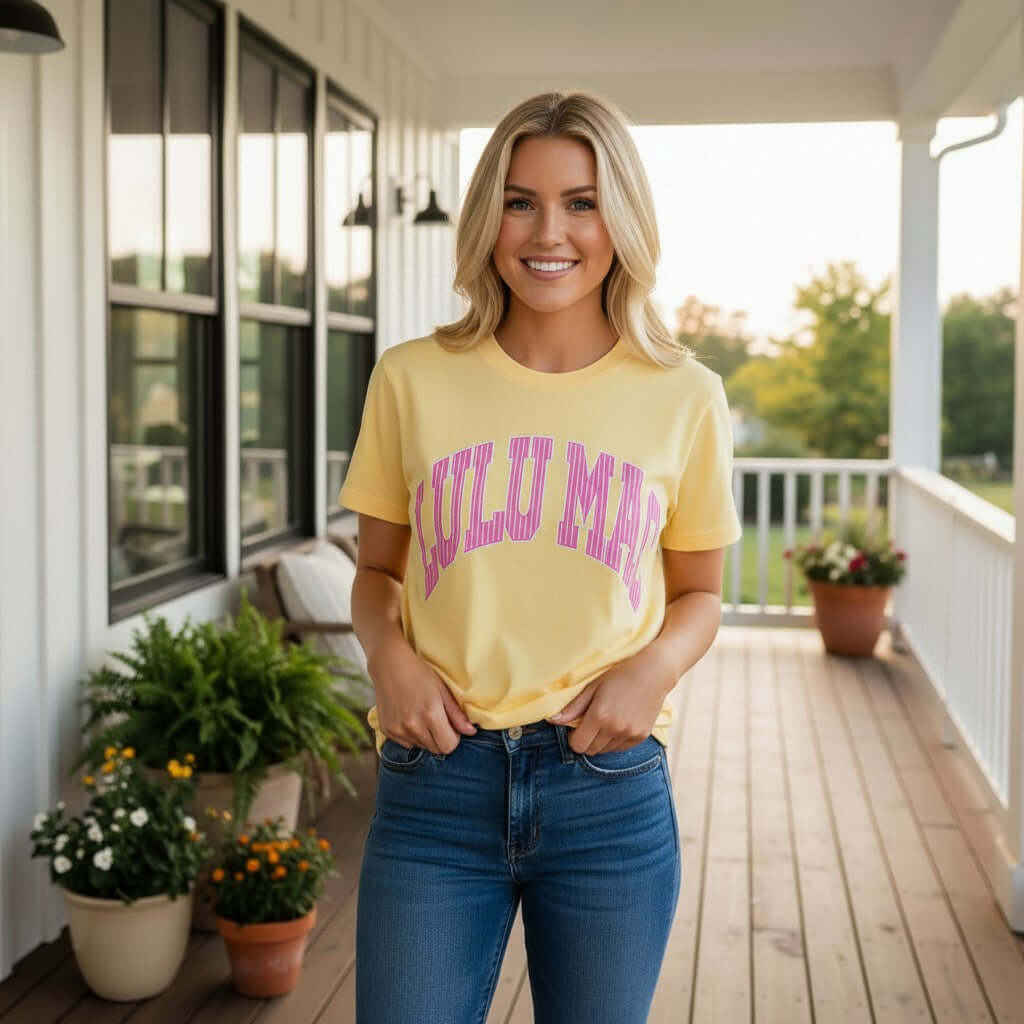 LULU MAC BUTTER & PINK STRIPES COMFORT COLOR TEE worn by a smiling woman with long hair on a porch.
