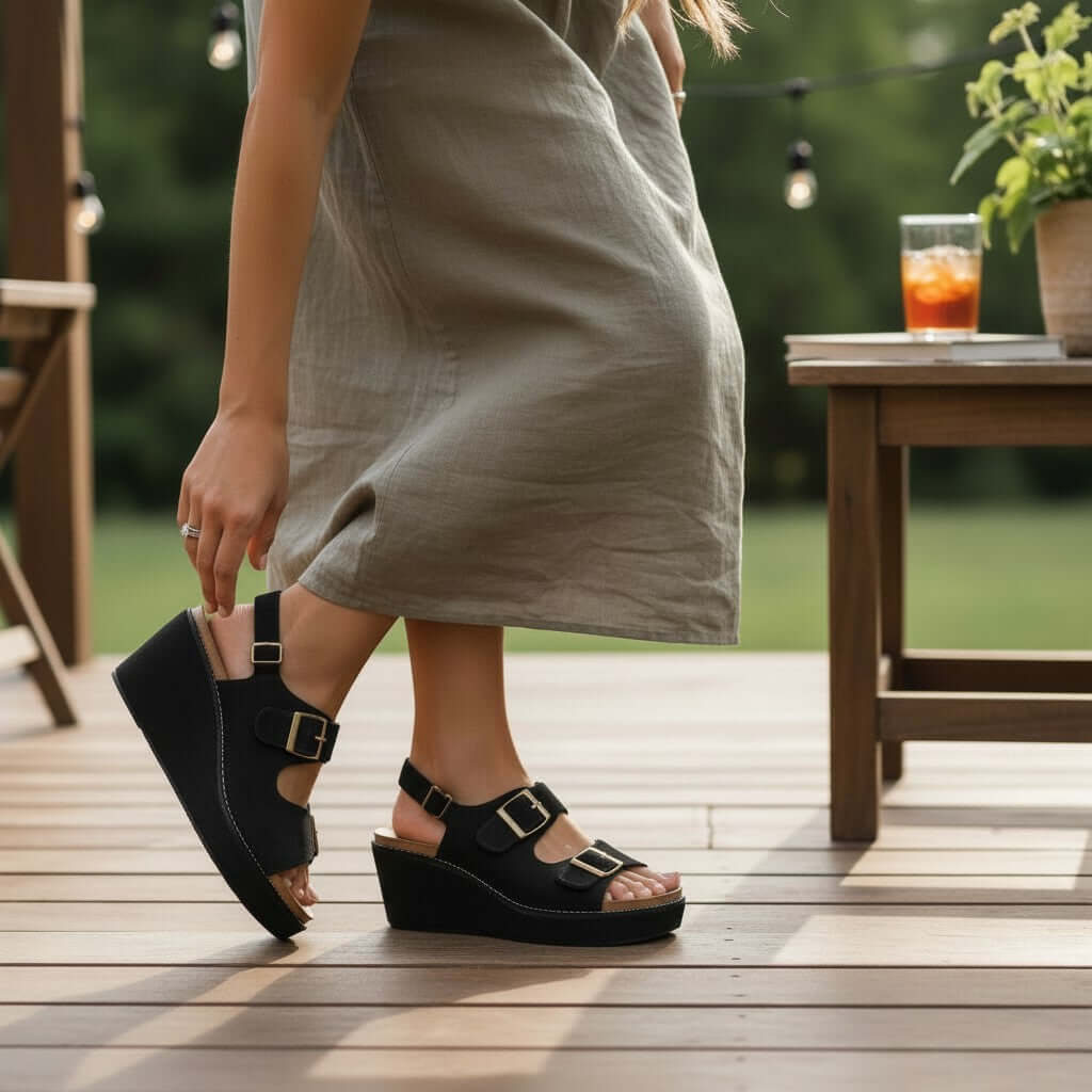 CORKYS MY 2 CENTS WEDGE (blk) stylish black faux suede wedges on a woman in a casual dress, perfect summer footwear.