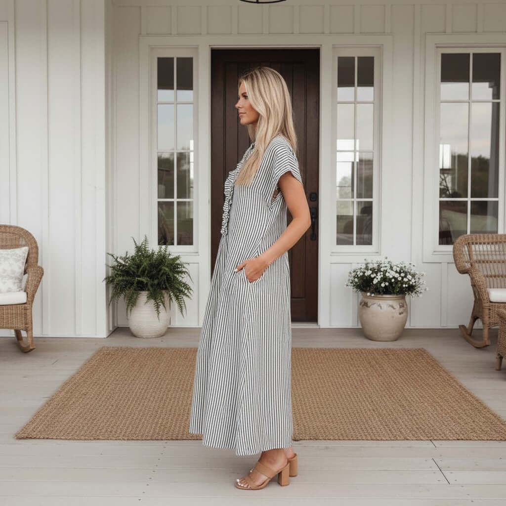 Model wearing the RIGHT DIRECTION DRESS, a timeless striped maxi, displayed outdoors with elegant surroundings.