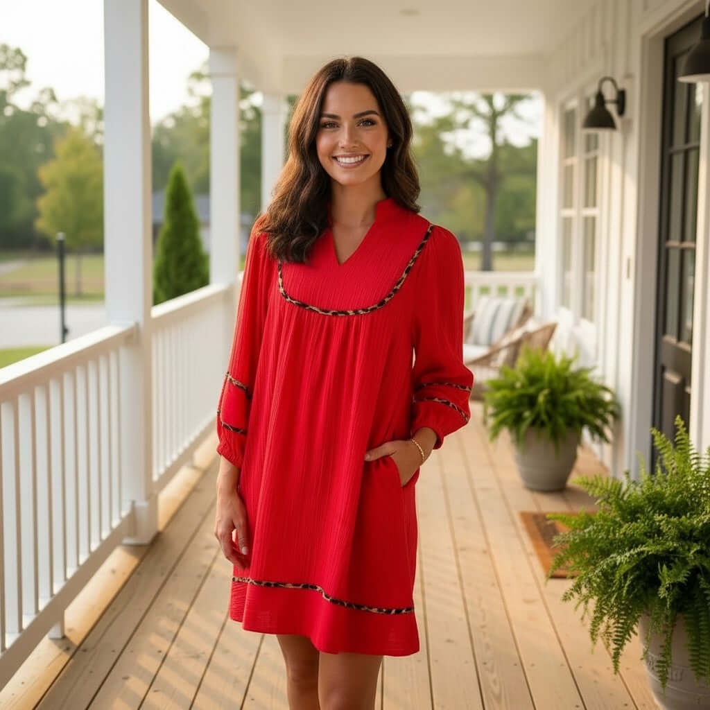 Model wearing a RED HOT CONFIDENCE DRESS with pockets, standing on a porch, showcasing its vibrant color and stylish design.